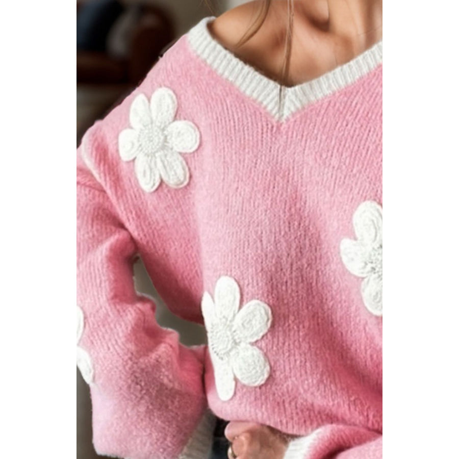 Flower V-Neck Dropped Shoulder Sweater Apparel and Accessories