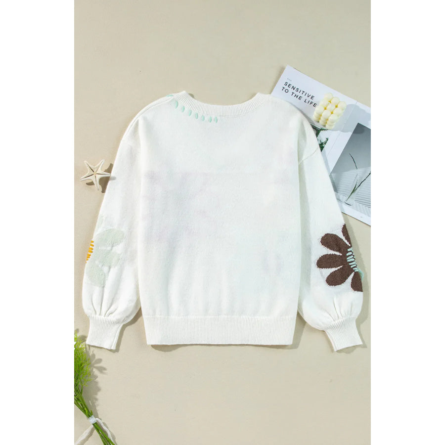 Flower V-Neck Dropped Shoulder Sweater Apparel and Accessories