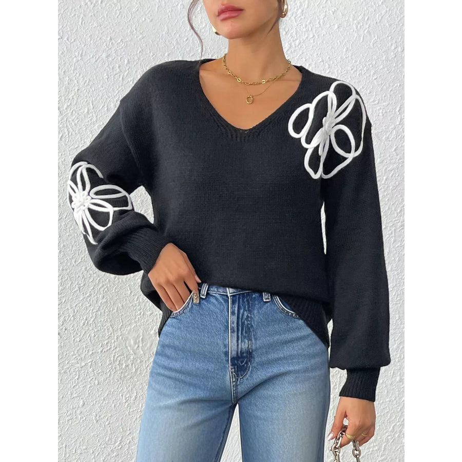 Flower V-Neck Dropped Shoulder Sweater Black / S Apparel and Accessories