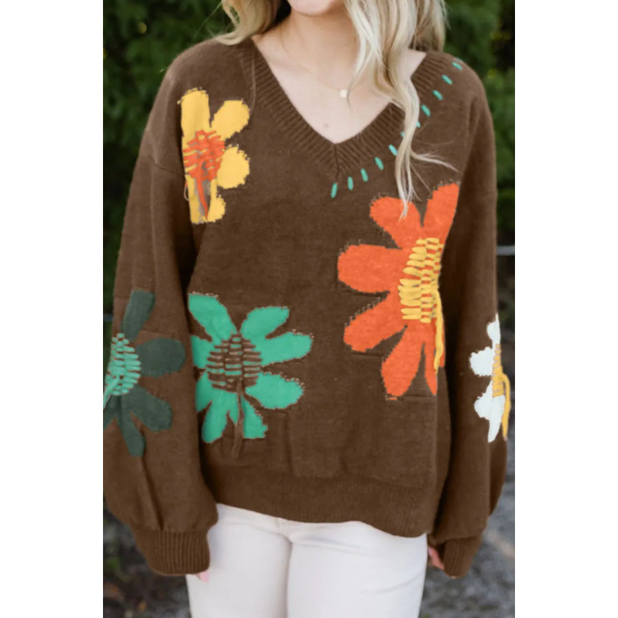 Flower V-Neck Dropped Shoulder Sweater Brown / S Apparel and Accessories