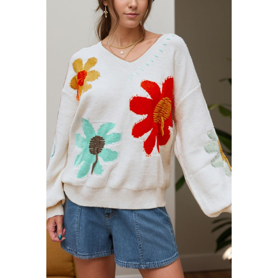 Flower V-Neck Dropped Shoulder Sweater White / S Apparel and Accessories