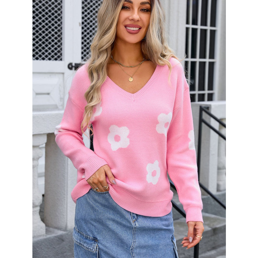 Flower V-Neck Long Sleeve Sweater Apparel and Accessories