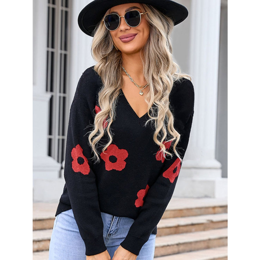 Flower V-Neck Long Sleeve Sweater Apparel and Accessories