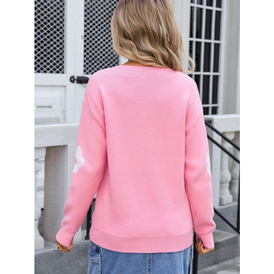 Flower V-Neck Long Sleeve Sweater Pink / S Apparel and Accessories