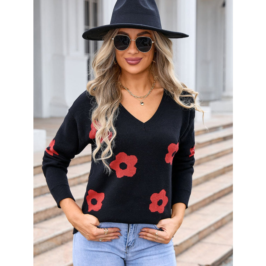 Flower V-Neck Long Sleeve Sweater Apparel and Accessories