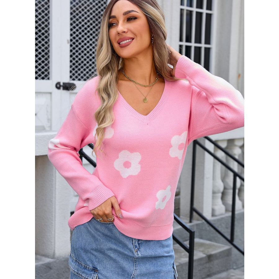 Flower V-Neck Long Sleeve Sweater Apparel and Accessories