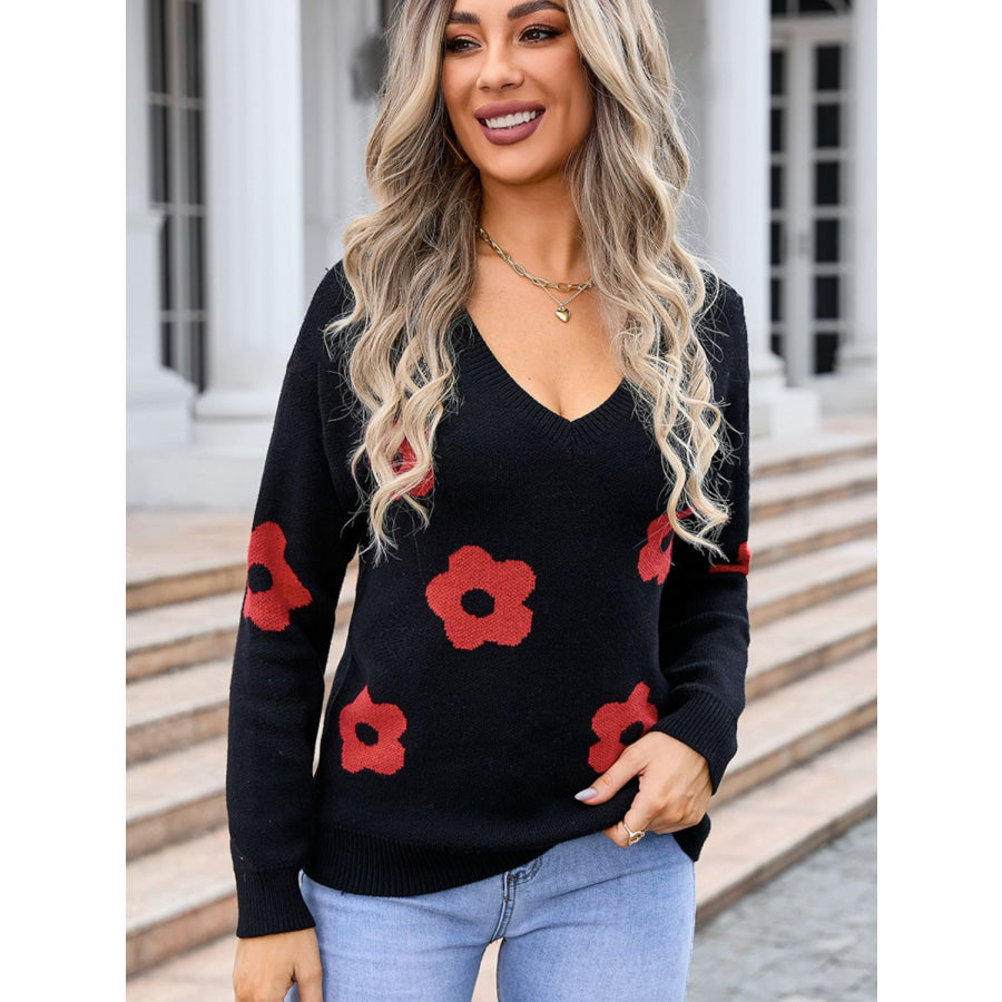 Flower V-Neck Long Sleeve Sweater Black / S Apparel and Accessories