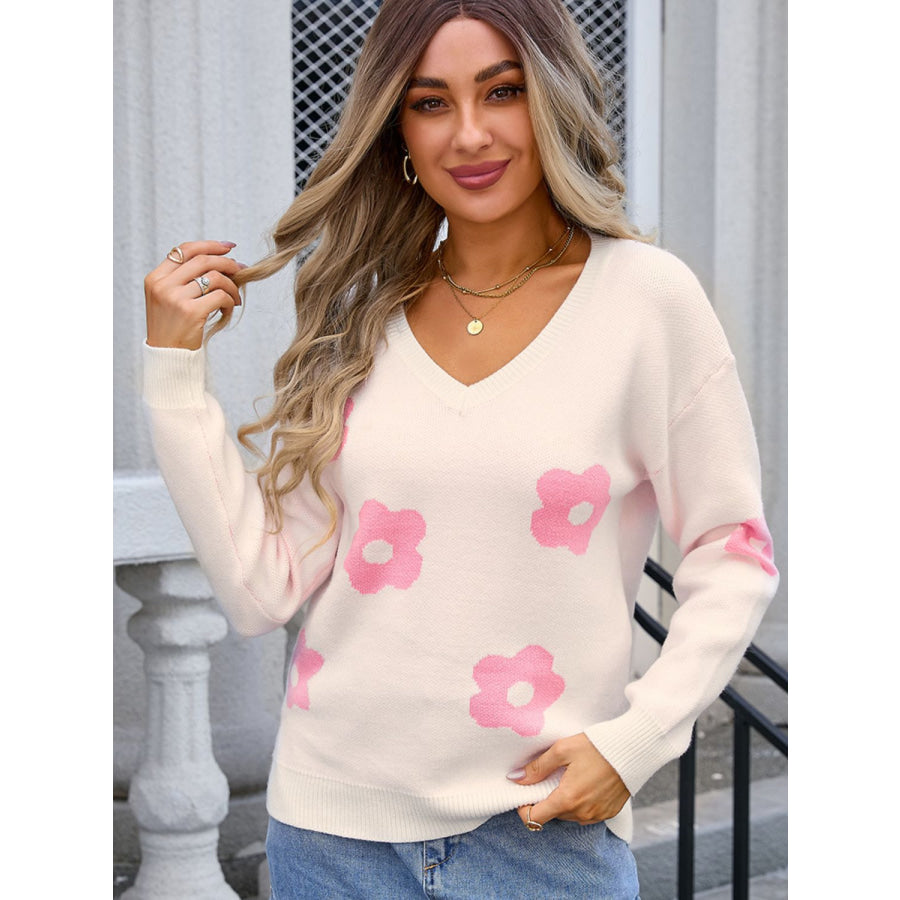 Flower V-Neck Long Sleeve Sweater Watermelon pink / S Apparel and Accessories