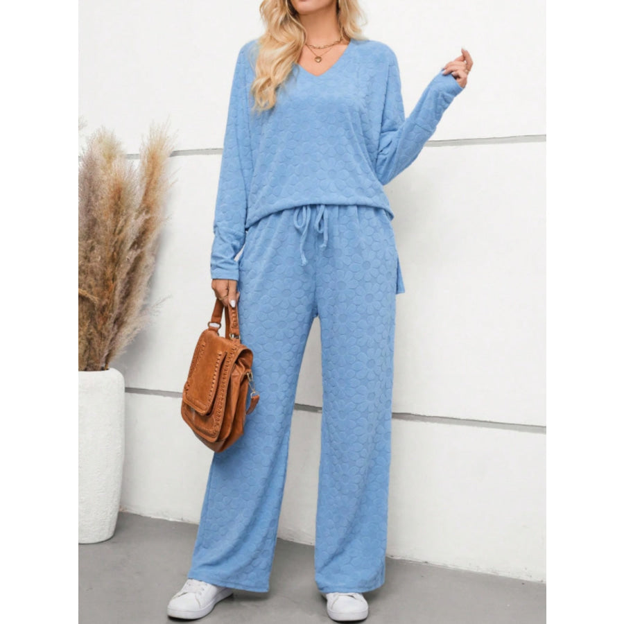 Flower V-Neck Long Sleeve Top and Pants Set Apparel and Accessories