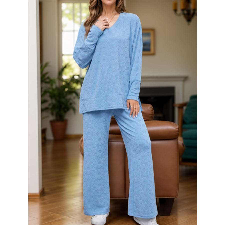 Flower V-Neck Long Sleeve Top and Pants Set Light Blue / S Apparel and Accessories