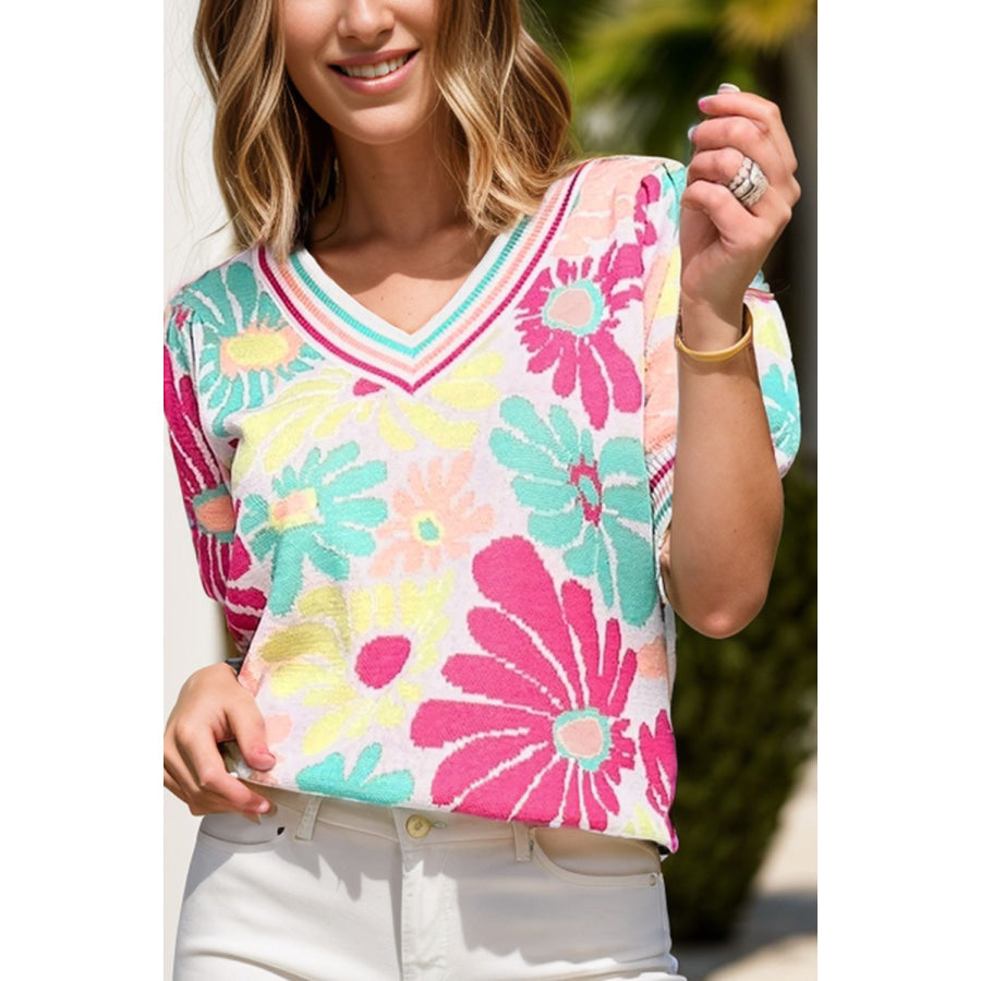 Flower V-Neck Puff Sleeve Sweater Hot Pink / S Apparel and Accessories