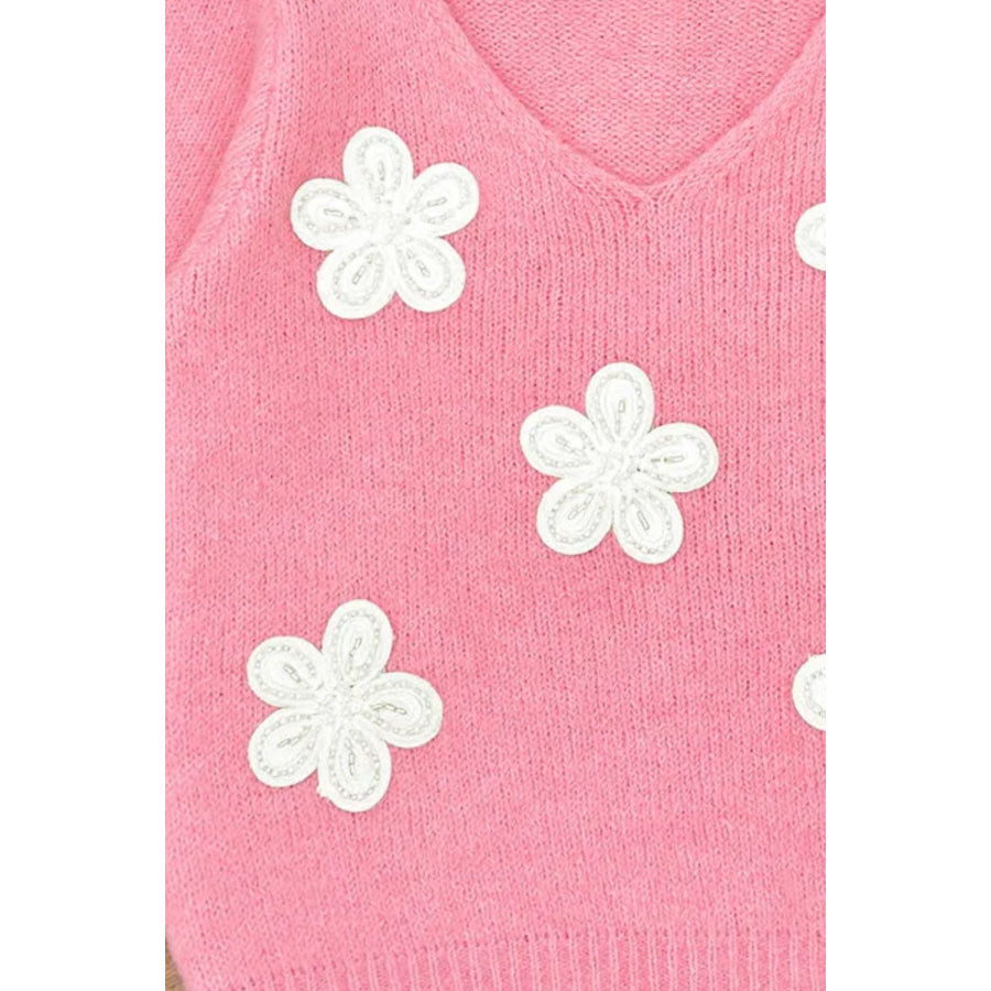 Flower V-Neck Short Sleeve Sweater Blush Pink / S Apparel and Accessories