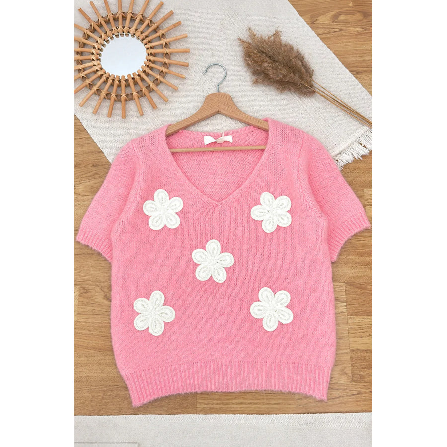 Flower V-Neck Short Sleeve Sweater Blush Pink / S Apparel and Accessories