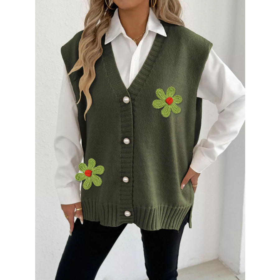 Flower V-Neck Sleeveless Cardigan Apparel and Accessories