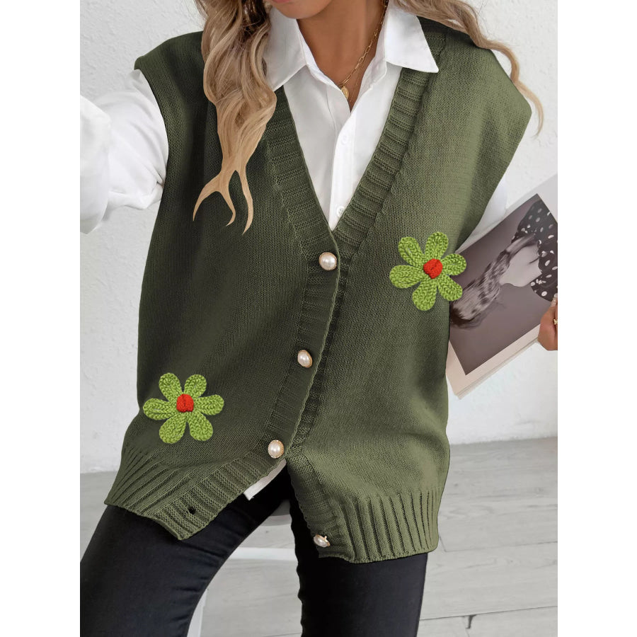 Flower V-Neck Sleeveless Cardigan Apparel and Accessories