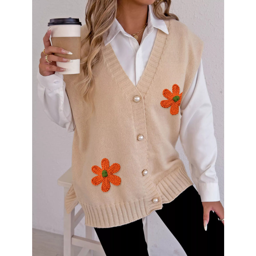 Flower V-Neck Sleeveless Cardigan Apparel and Accessories