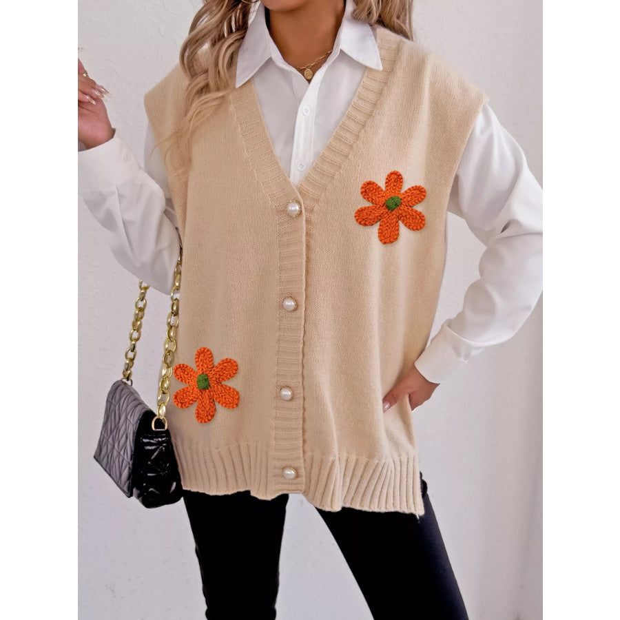 Flower V-Neck Sleeveless Cardigan Apparel and Accessories