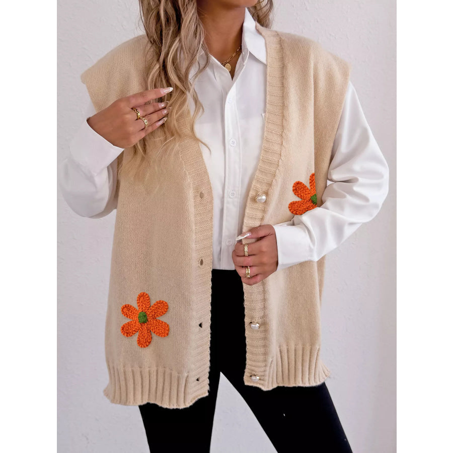 Flower V-Neck Sleeveless Cardigan Apparel and Accessories