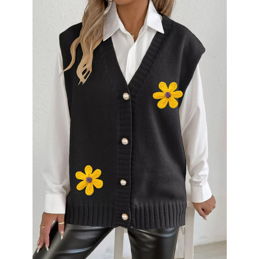 Flower V-Neck Sleeveless Cardigan Black / One Size Apparel and Accessories