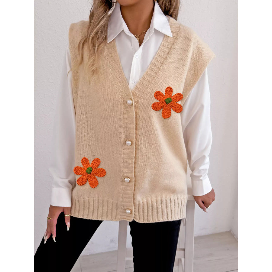 Flower V-Neck Sleeveless Cardigan Tan / One Size Apparel and Accessories