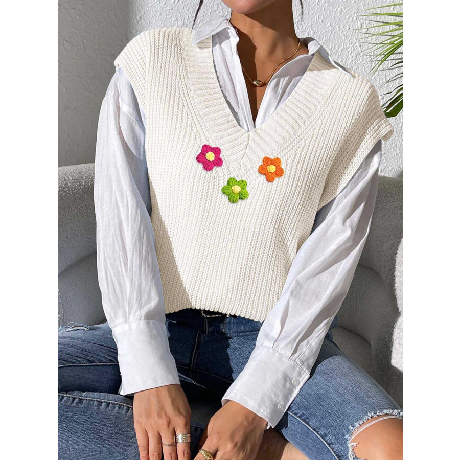 Flower V-Neck Sweater Vest Apparel and Accessories