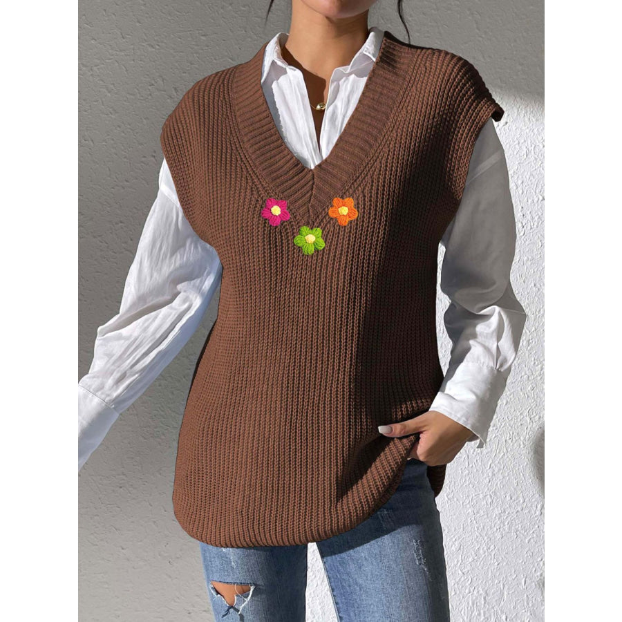 Flower V-Neck Sweater Vest Apparel and Accessories