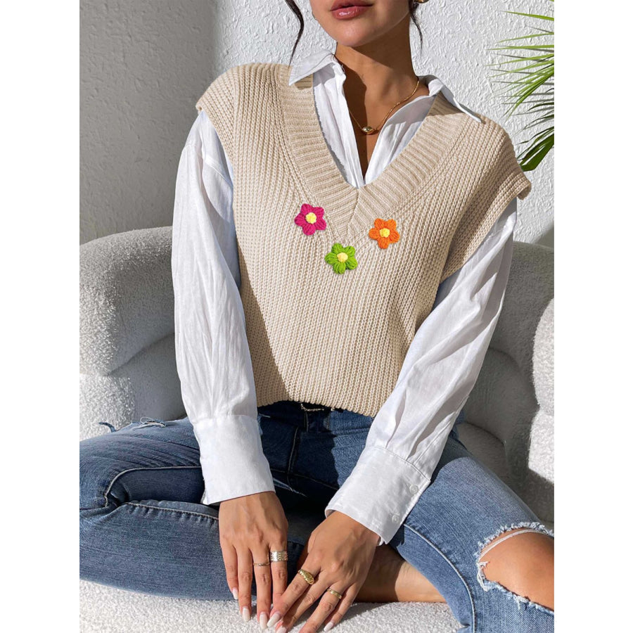 Flower V-Neck Sweater Vest Apparel and Accessories