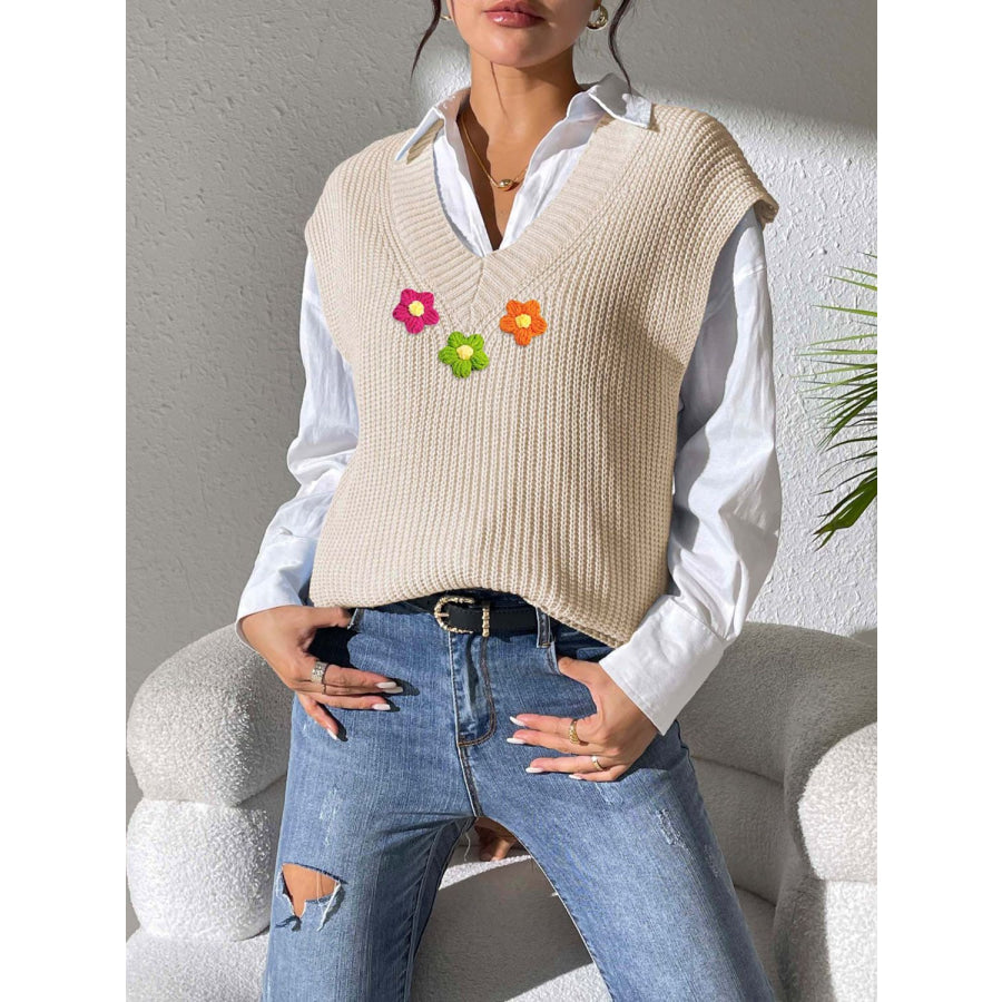 Flower V-Neck Sweater Vest Apparel and Accessories