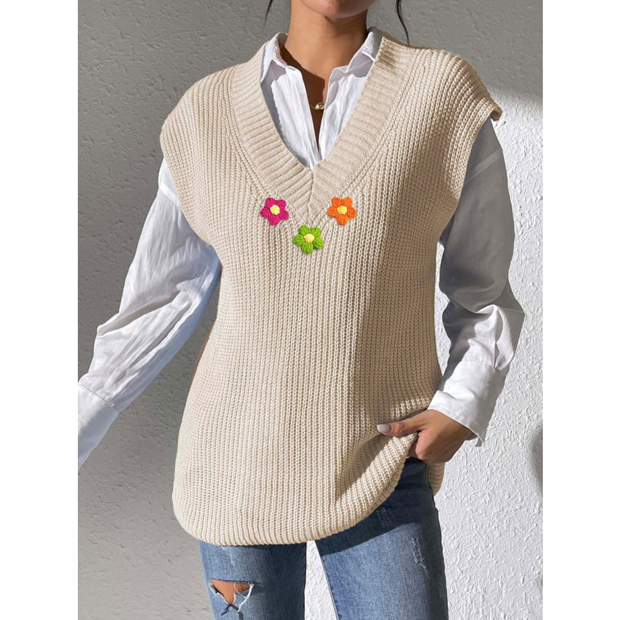 Flower V-Neck Sweater Vest Beige / One Size Apparel and Accessories