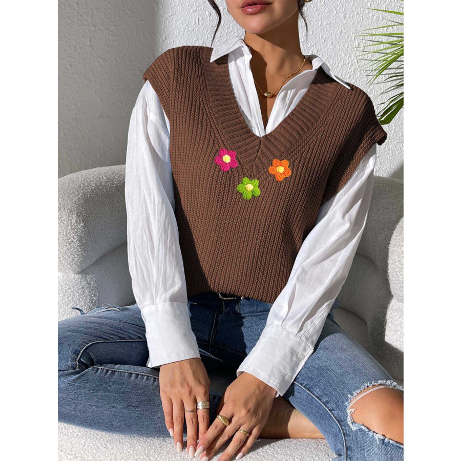 Flower V-Neck Sweater Vest Coffee Brown / One Size Apparel and Accessories