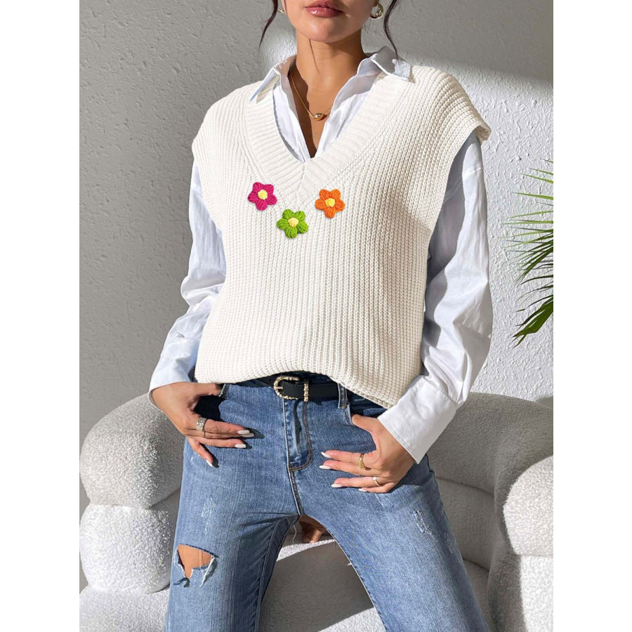 Flower V-Neck Sweater Vest Ivory / One Size Apparel and Accessories