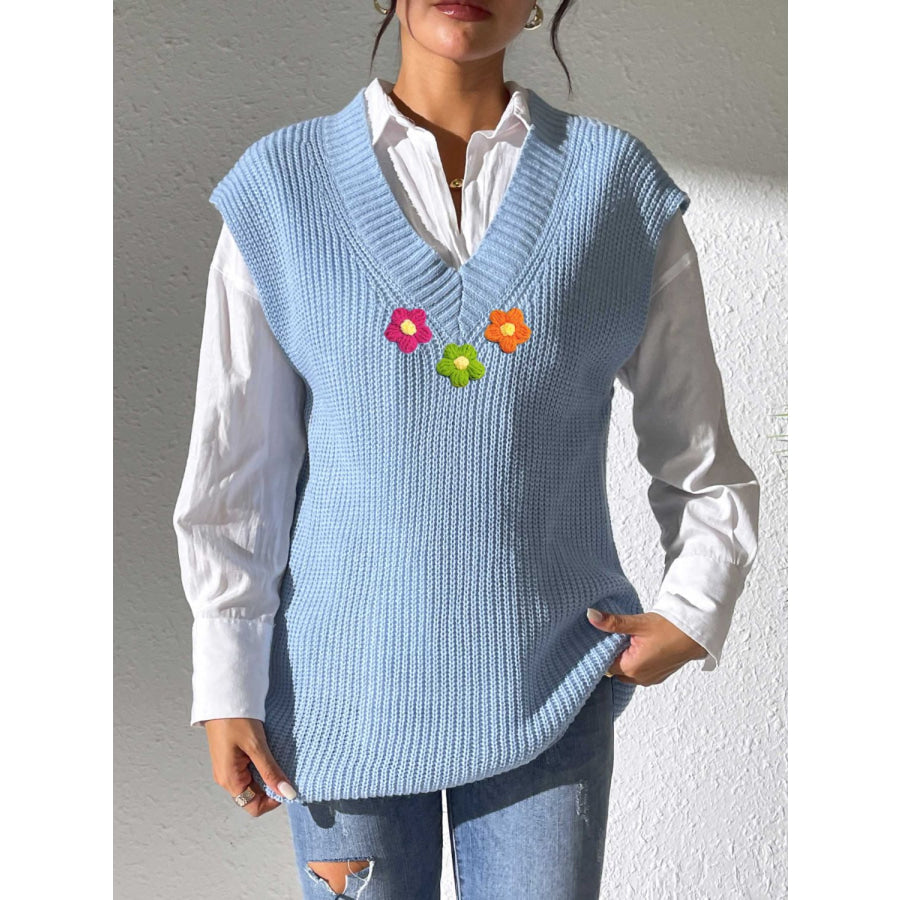 Flower V-Neck Sweater Vest Light Blue / One Size Apparel and Accessories