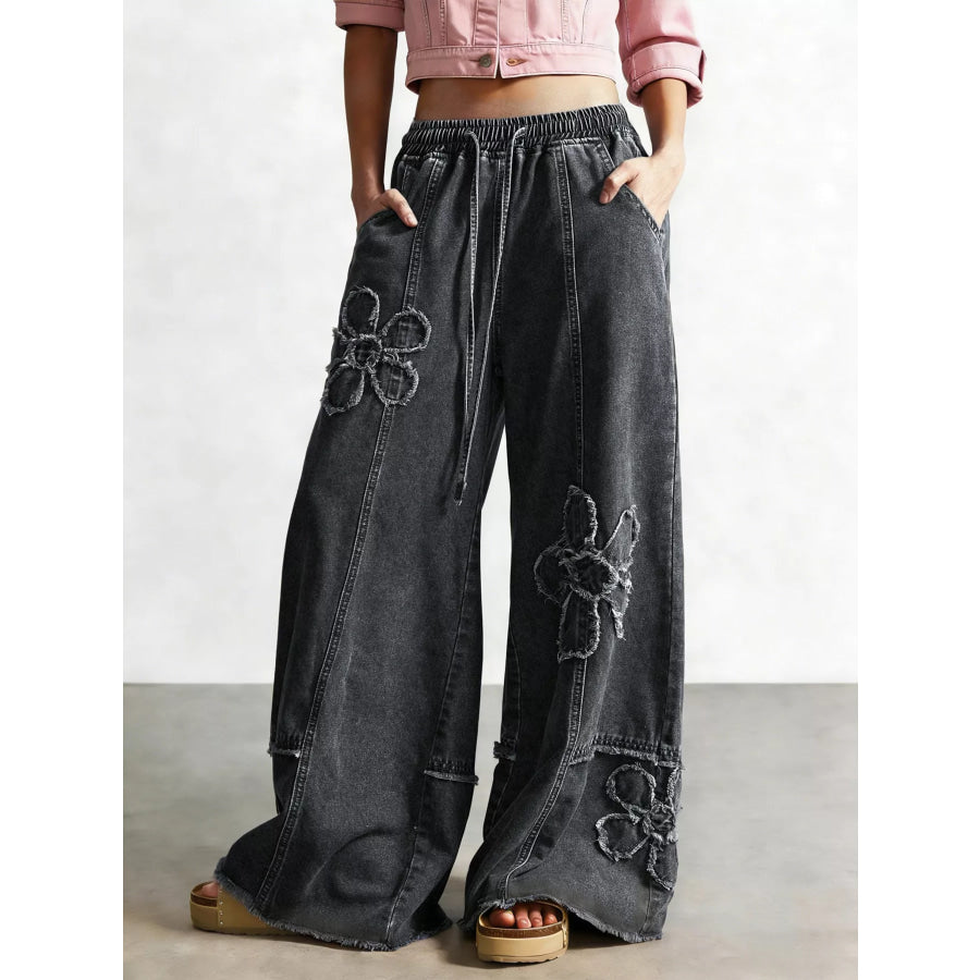 Flower Wide Leg Jeans Black Gray / S Apparel and Accessories
