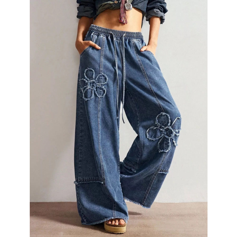 Flower Wide Leg Jeans Dark Blue / S Apparel and Accessories