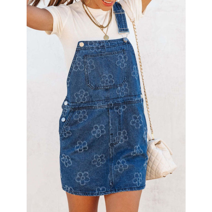 Flower Wide Strap Denim Overall Dress with Pockets Apparel and Accessories