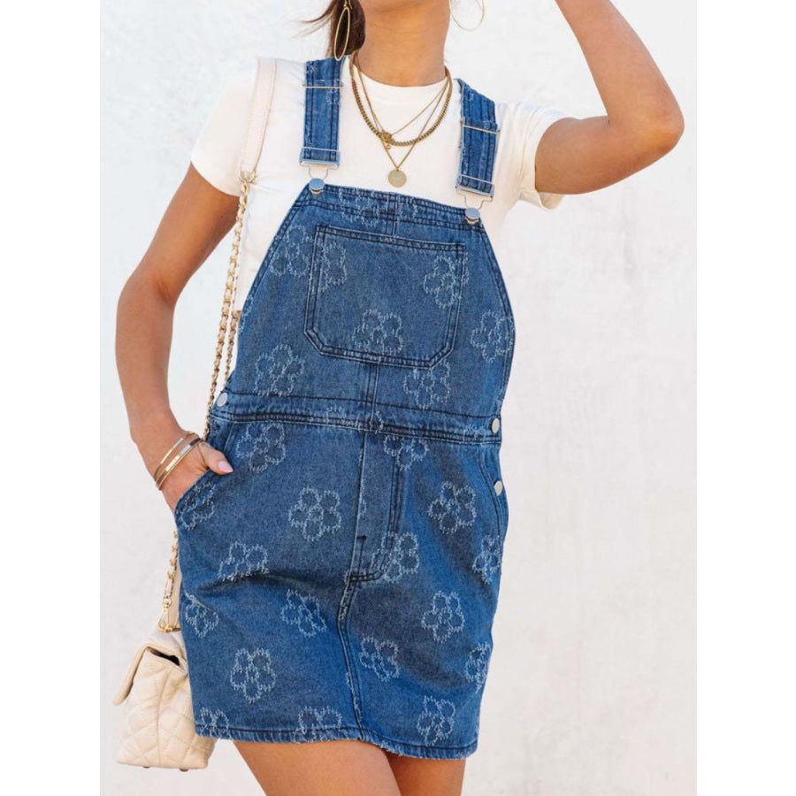 Flower Wide Strap Denim Overall Dress with Pockets Apparel and Accessories