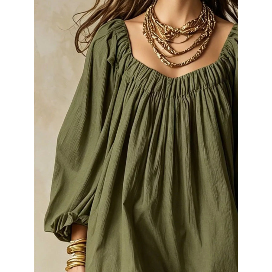 Flowy Balloon Sleeve Mini Dress Army Green / S Apparel and Accessories