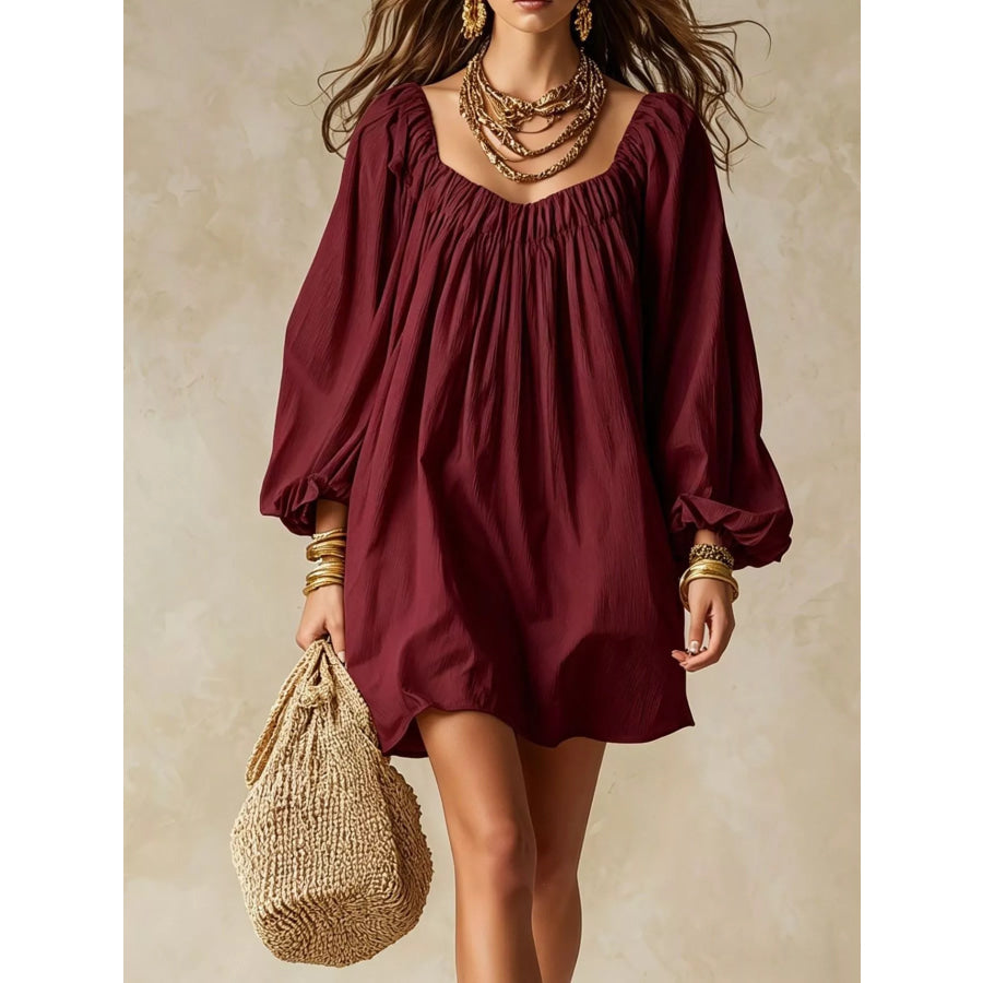Flowy Balloon Sleeve Mini Dress Burgundy / S Apparel and Accessories