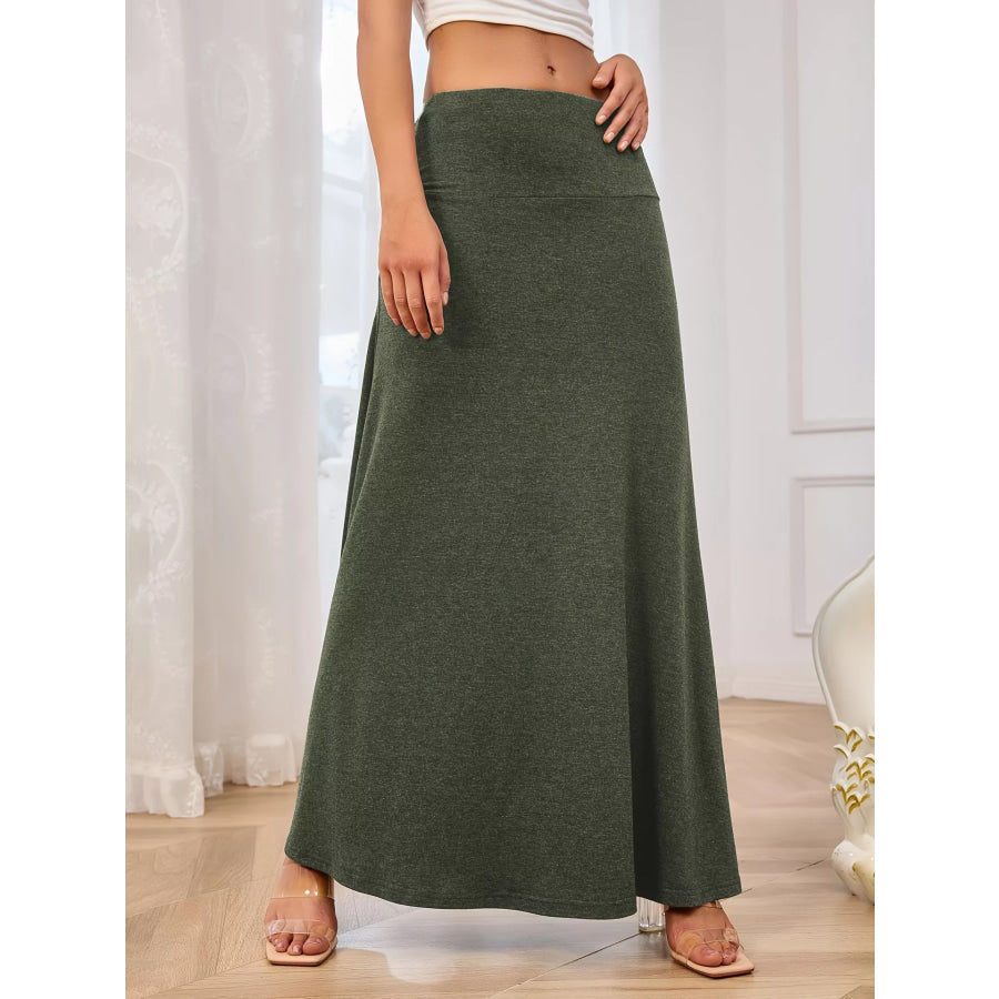 Flowy Maxi Skirt with Wide Waistband Army Green / S Apparel and Accessories