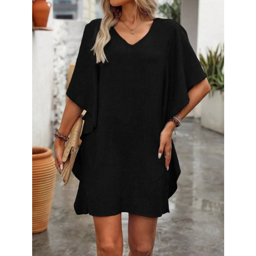 Flowy Sleeve V-Neck Casual Mini Dress Black / S Apparel and Accessories