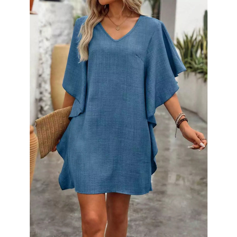 Flowy Sleeve V-Neck Casual Mini Dress Blue / S Apparel and Accessories