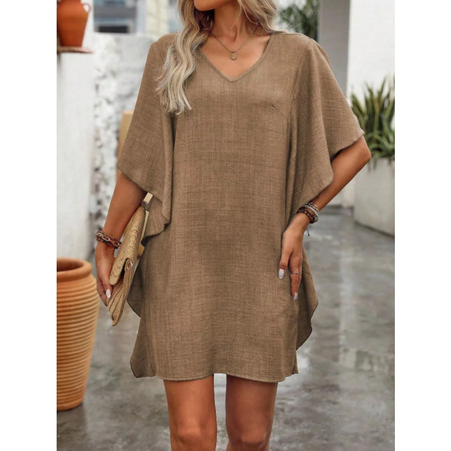 Flowy Sleeve V-Neck Casual Mini Dress Khaki / S Apparel and Accessories