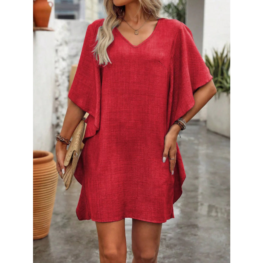 Flowy Sleeve V-Neck Casual Mini Dress Red / S Apparel and Accessories
