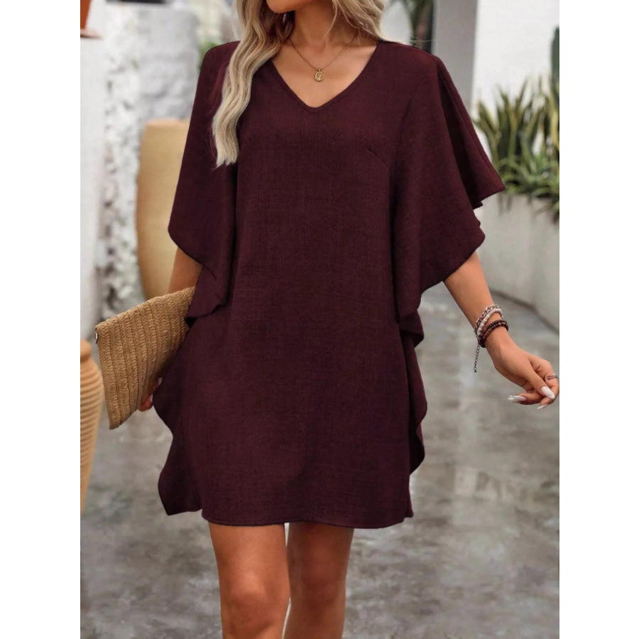 Flowy Sleeve V-Neck Casual Mini Dress Wine Red / S Apparel and Accessories
