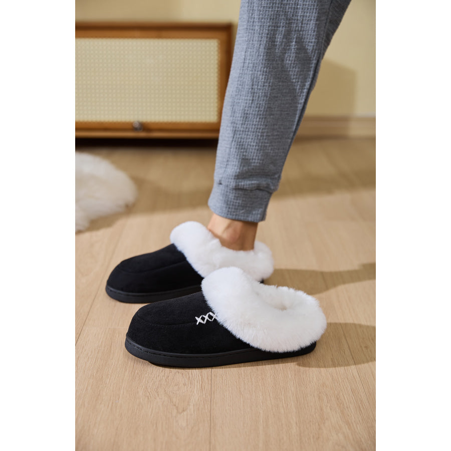 Fluff Trim Round Toe Flat Slippers Apparel and Accessories