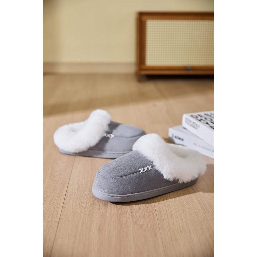 Fluff Trim Round Toe Flat Slippers Apparel and Accessories