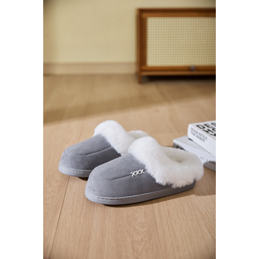 Fluff Trim Round Toe Flat Slippers Apparel and Accessories