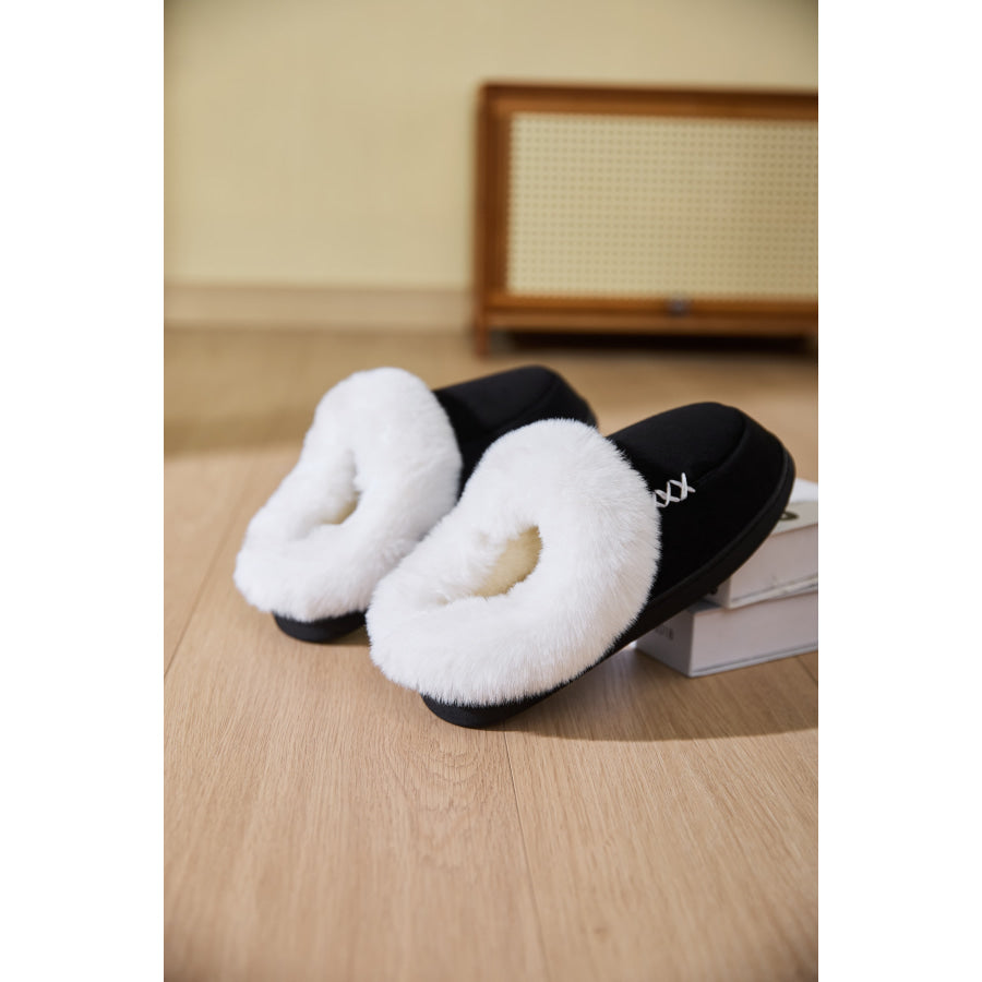 Fluff Trim Round Toe Flat Slippers Apparel and Accessories