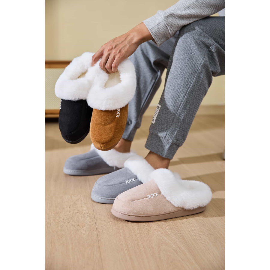 Fluff Trim Round Toe Flat Slippers Apparel and Accessories