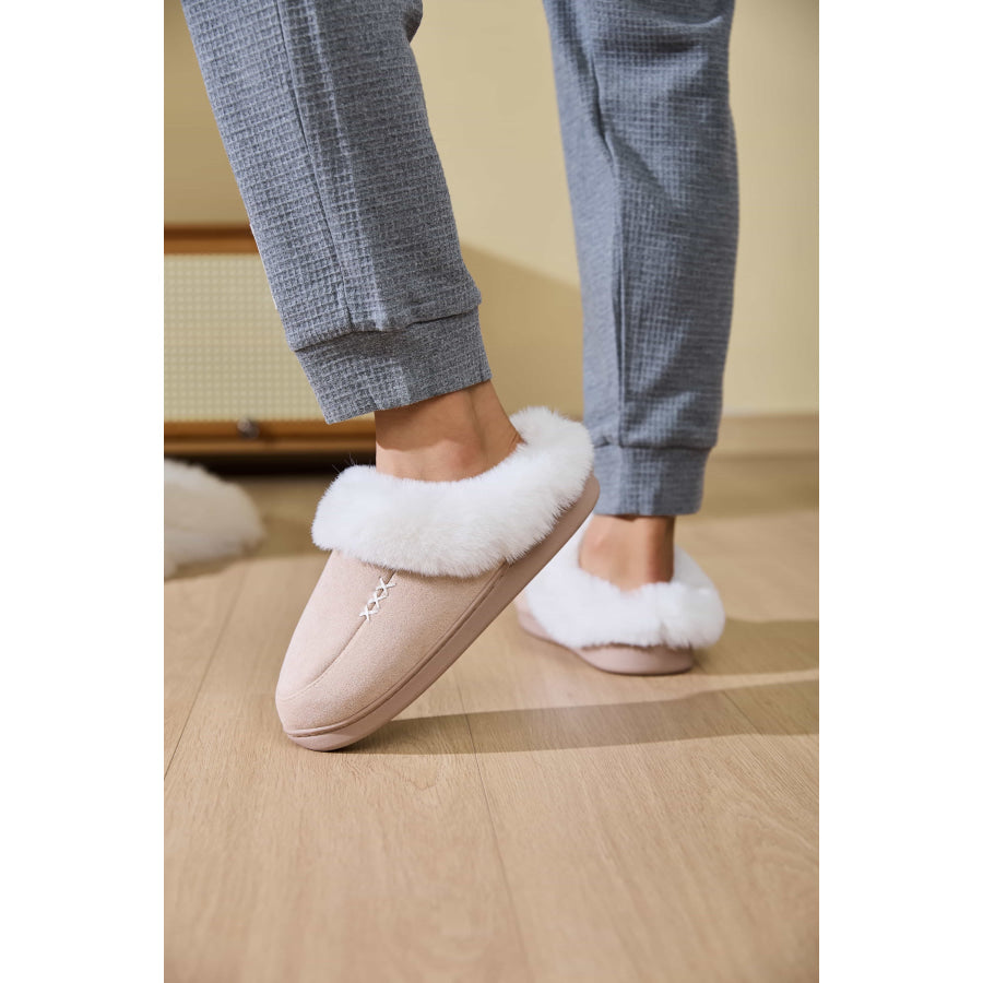 Fluff Trim Round Toe Flat Slippers Apparel and Accessories